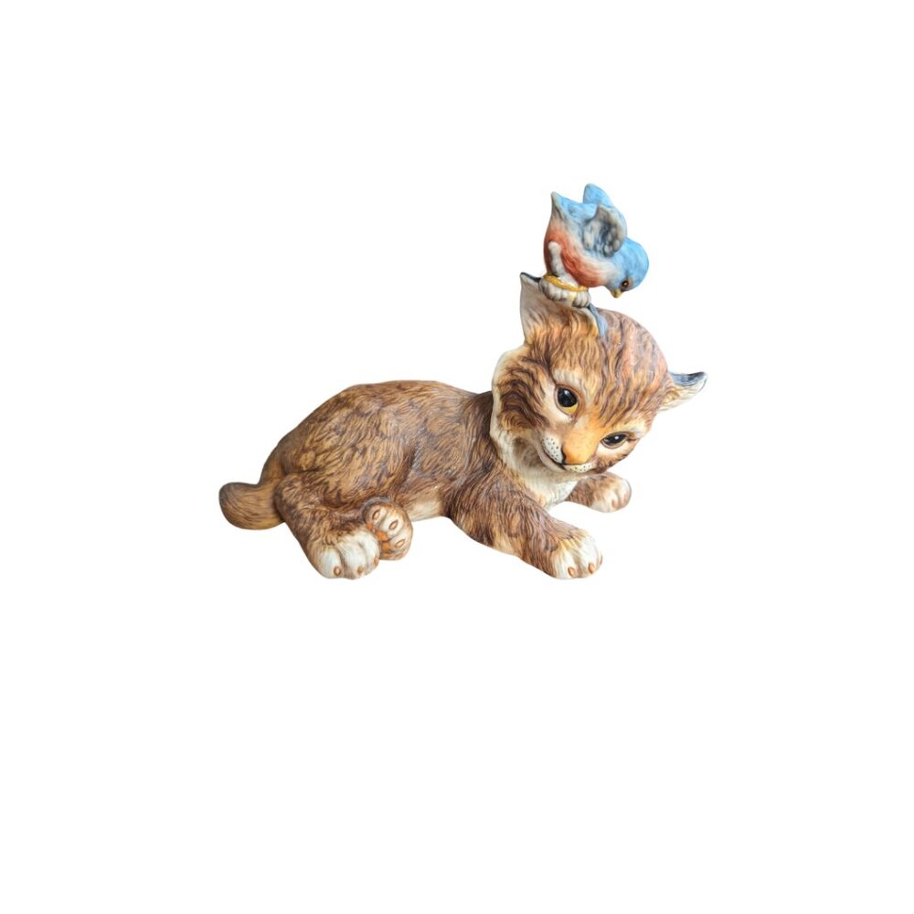 Peek a Boo by The Franklin Mint Cat with a Bird on Head Figurine 1986